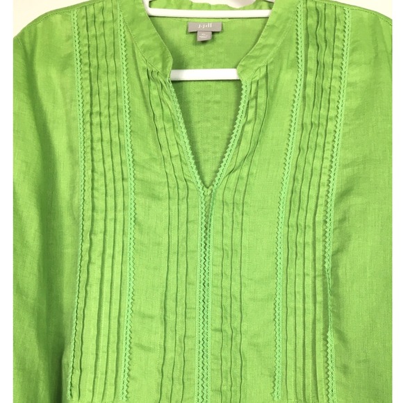 J. Jill Lime Green 100% Linen Pintuck Lace Trim Split Neck Tunic Top XL - Picture 3 of 6